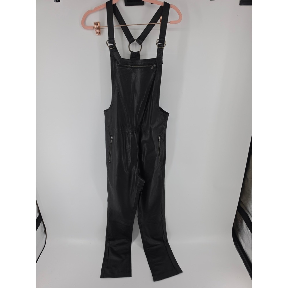 Friend of Mine Black Leather Overalls O-Ring Back Sheepskin Bib Jumpsuit US 0